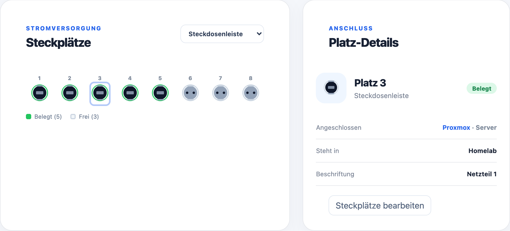 Steckplätze einer Steckdosenleiste als gezeichnete Schukodosen, daneben die Details zu Platz 3: angeschlossen ist der Server Proxmox.